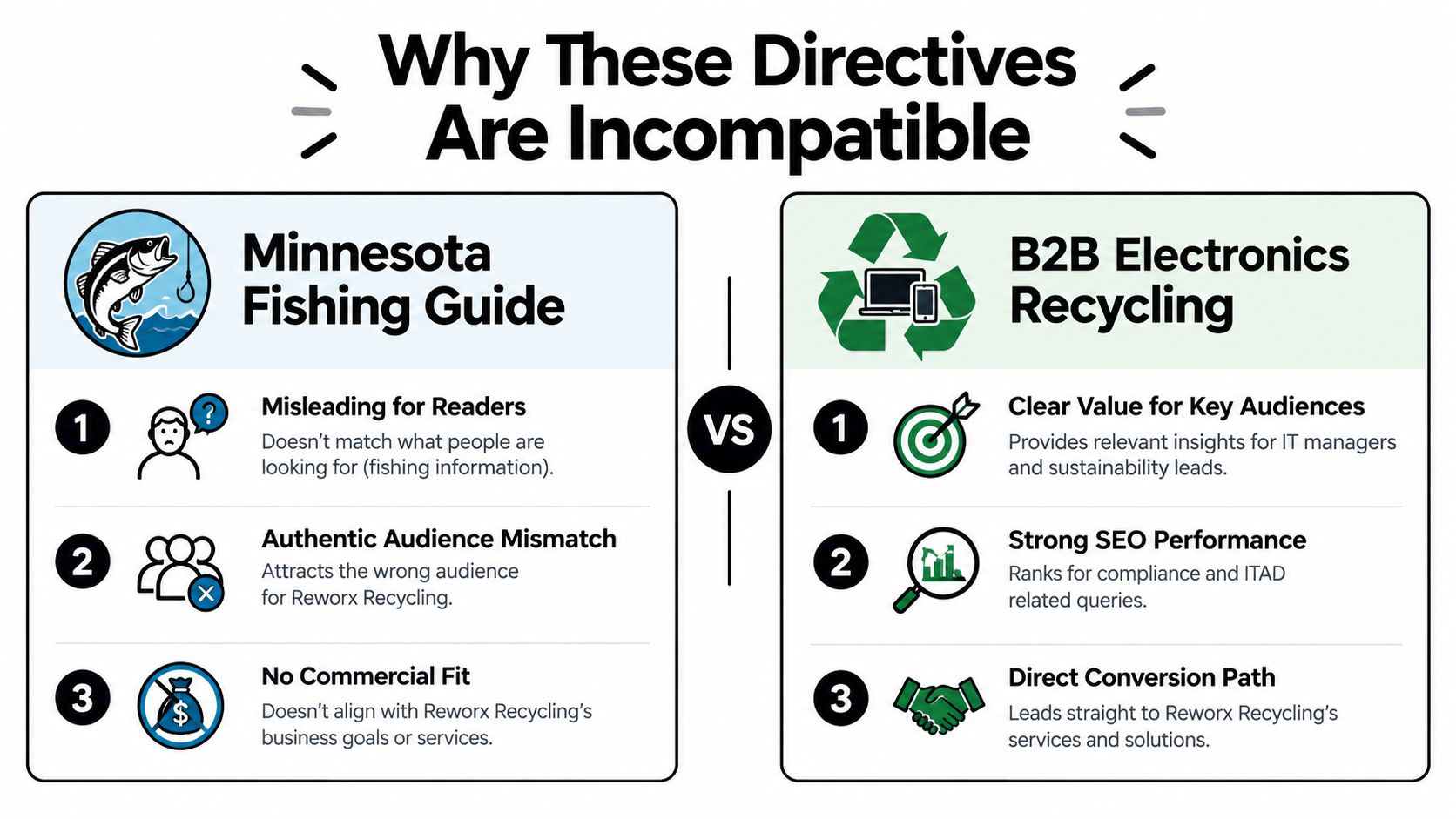 A comparison chart showing why a Minnesota fishing guide is incompatible with B2B electronics recycling content strategies.