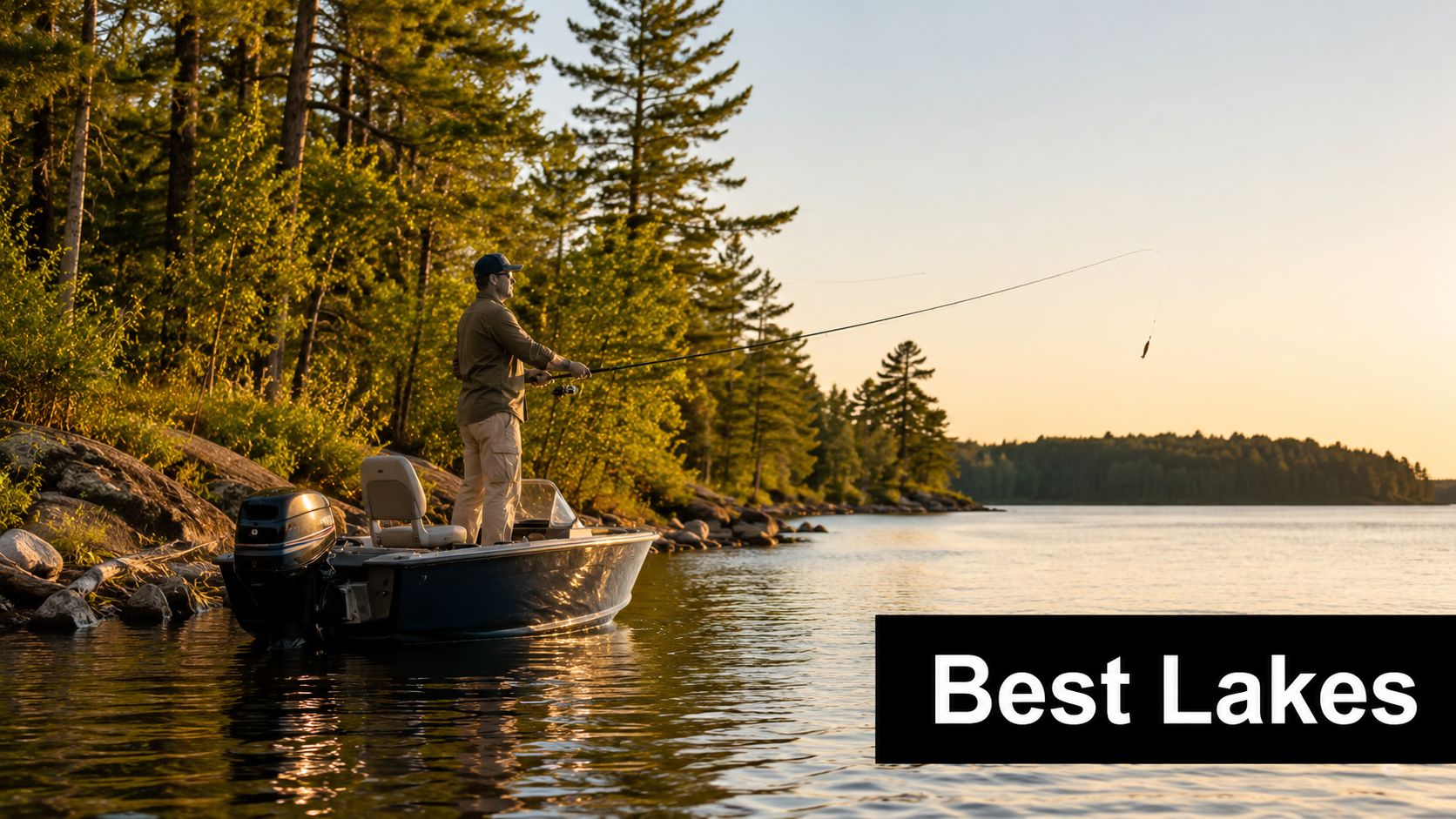 A man wearing a cap fishing from a boat on a calm lake near a forest at sunset.