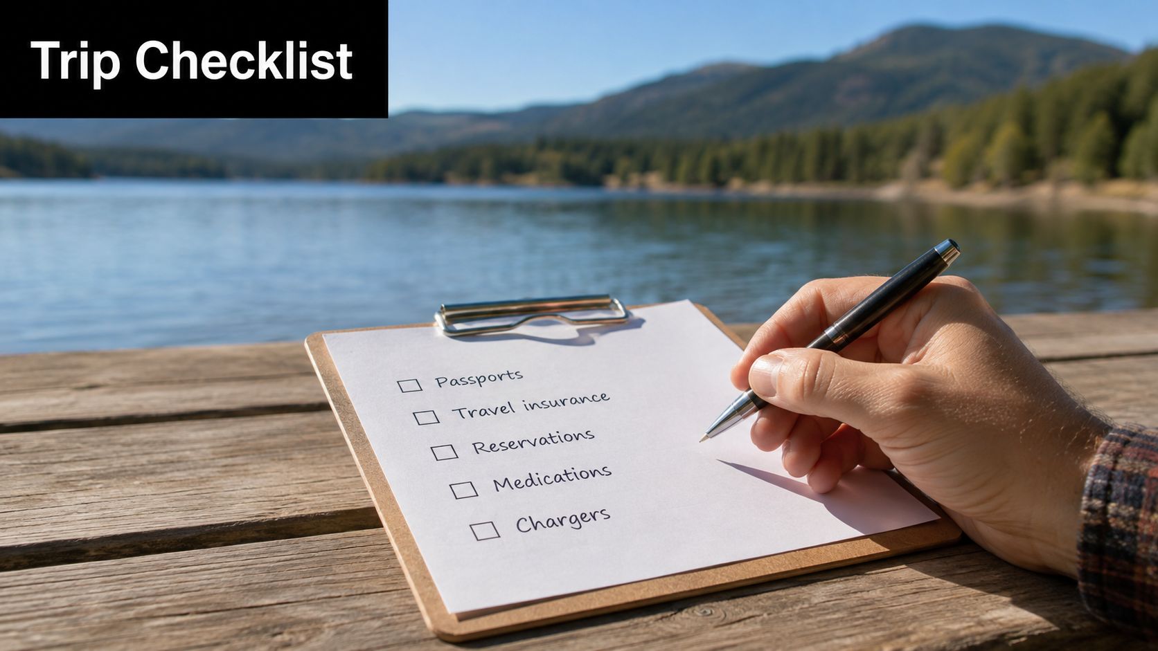 A hand holding a pen over a trip checklist clipboard on a wooden pier by a lake.