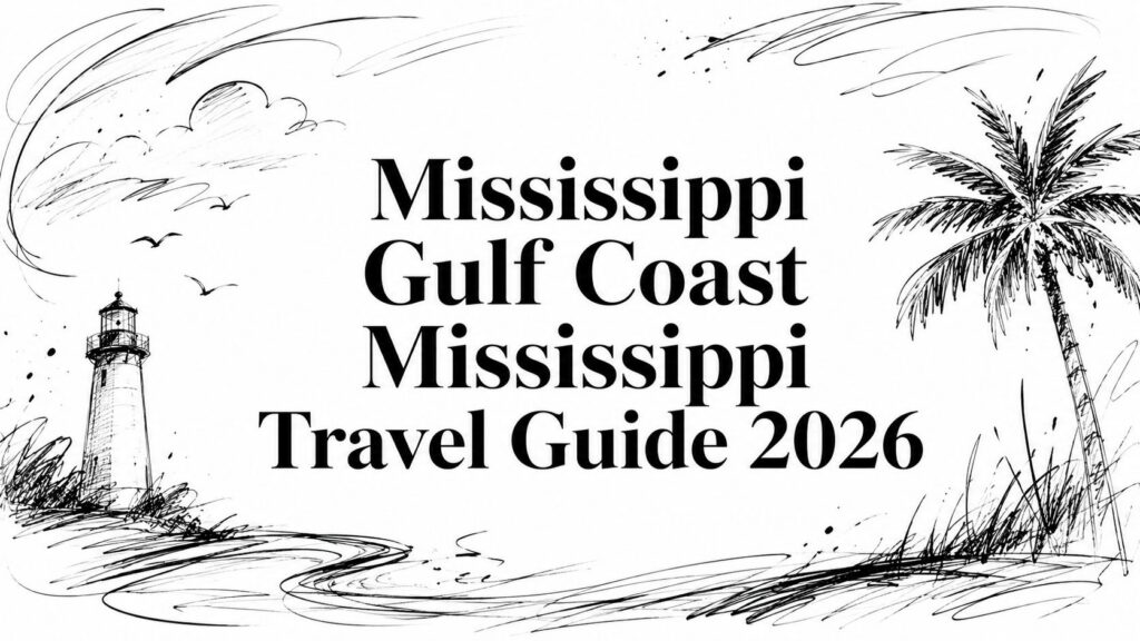 Sketch of a lighthouse, palm tree, and beach with text: Mississippi Gulf Coast Mississippi Travel Guide 2026.