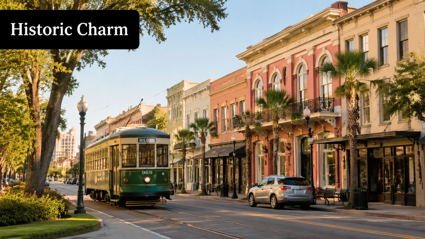 A historic green streetcar travels along a sunny street lined with beautiful old buildings in Biloxi, Mississippi.