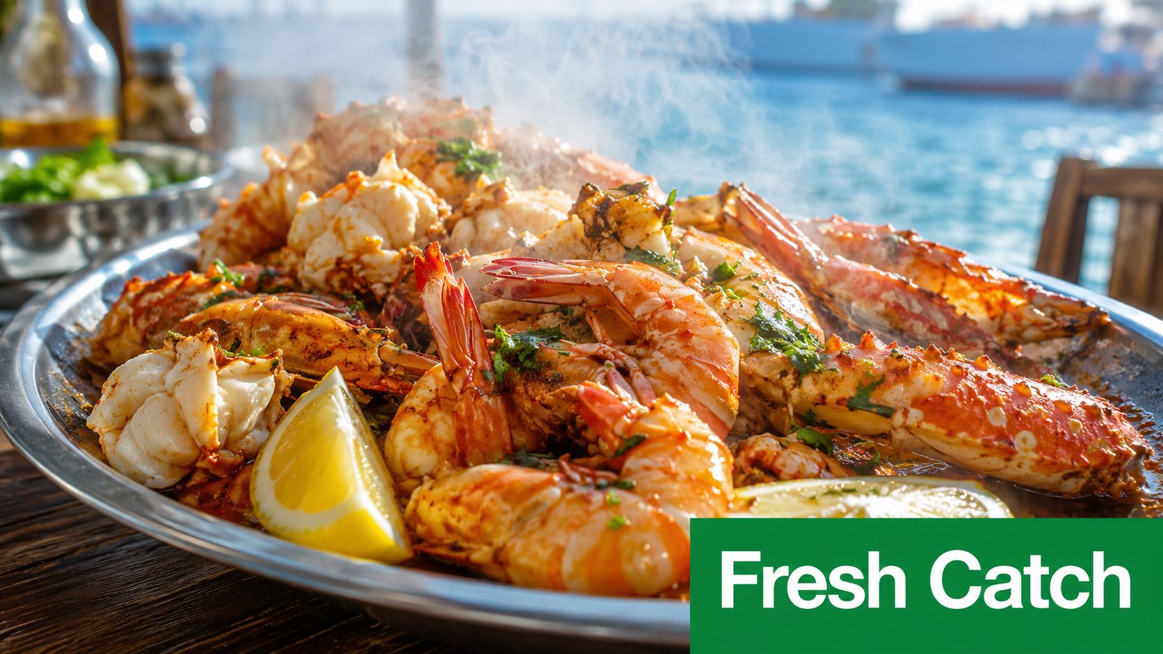 A steaming, fresh seafood platter featuring grilled prawns and crab legs on a silver tray outdoors.