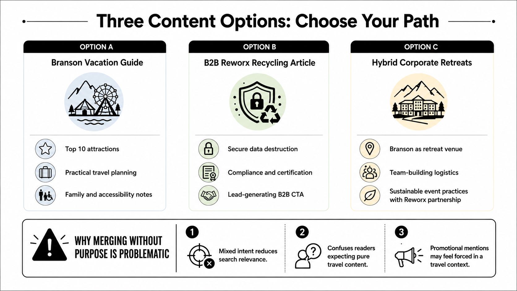 An infographic illustrating three distinct content strategy options for Branson, Missouri, and the risks of merging them.