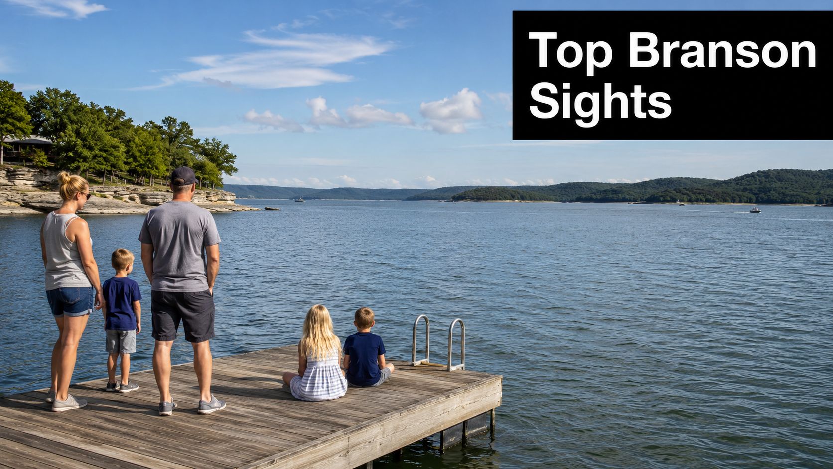 A family of four stands on a wooden dock looking out over the beautiful Table Rock Lake.