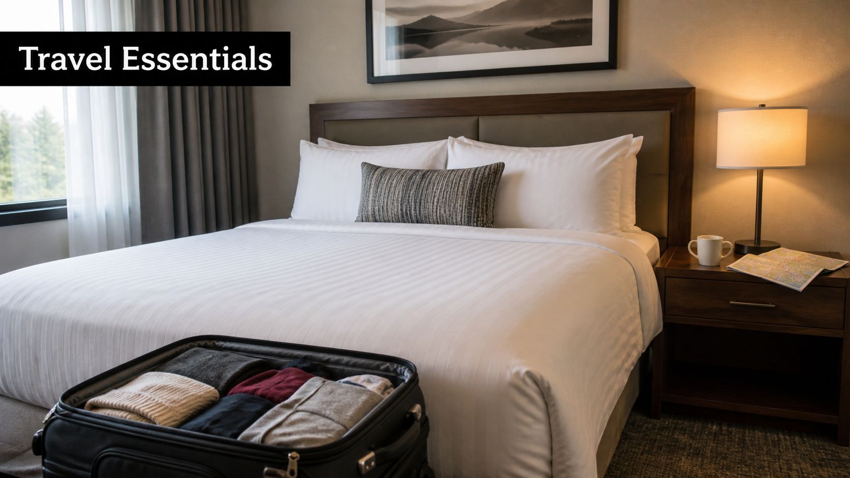 A packed open suitcase rests on a hotel bed with a nightstand and lamp nearby.