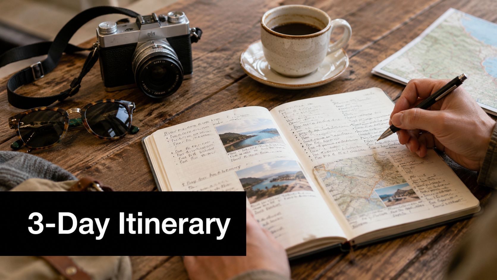 A person writing in a travel journal surrounded by a camera, sunglasses, coffee, and a map.