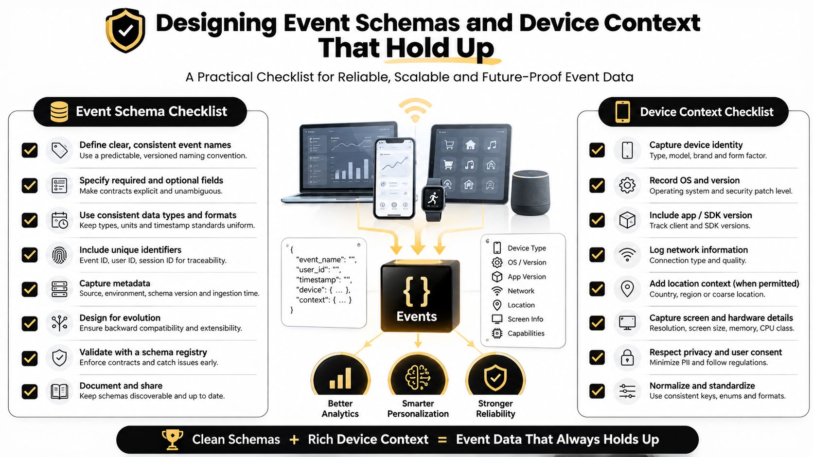 A comprehensive checklist infographic for designing event schemas and device context for reliable mobile app tracking data.