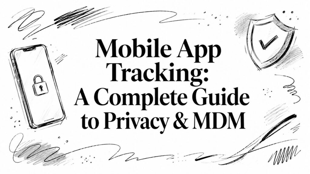 A graphic with the text “Mobile App Tracking: A Complete Guide to Privacy & MDM,” plus phone and shield icons.