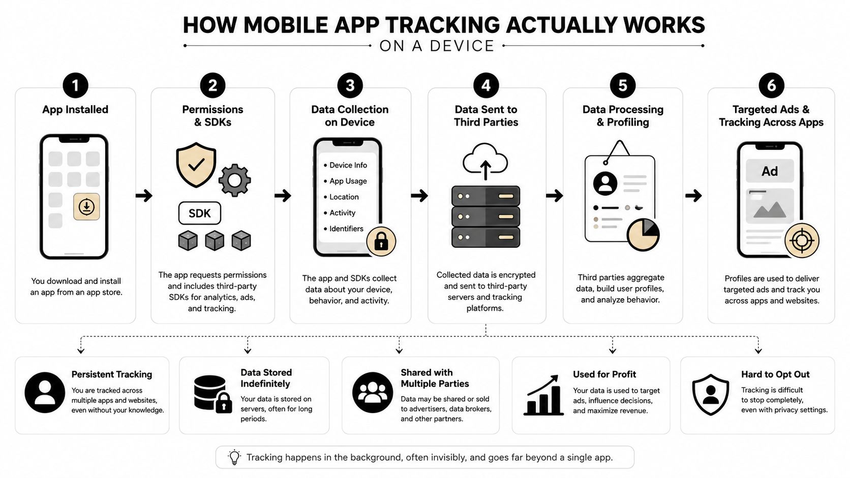 A six-step infographic illustrating how mobile applications track user activity, collect data, and provide targeted advertisements.