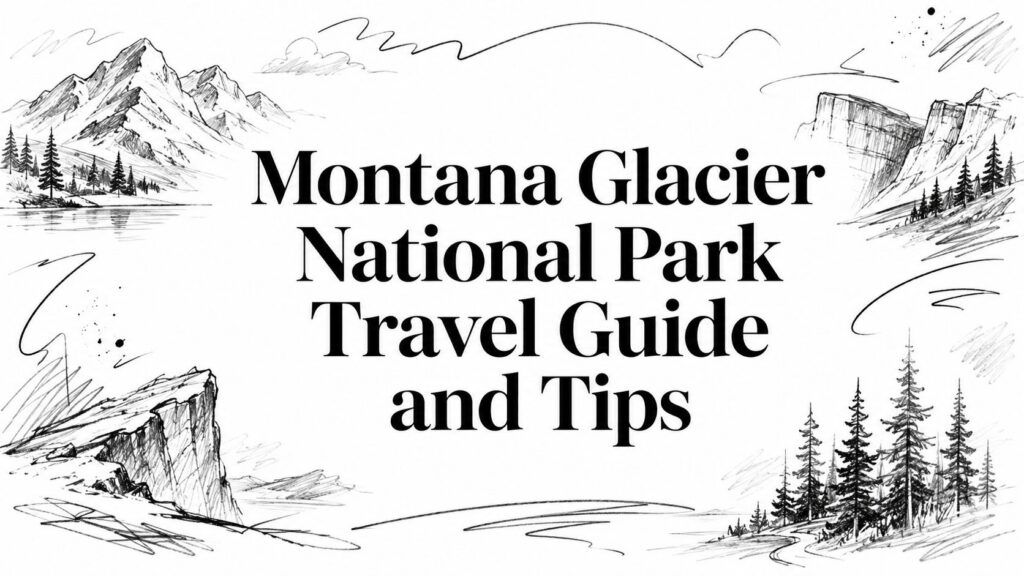 The image features the title “Montana Glacier National Park Travel Guide and Tips” over mountain sketches.