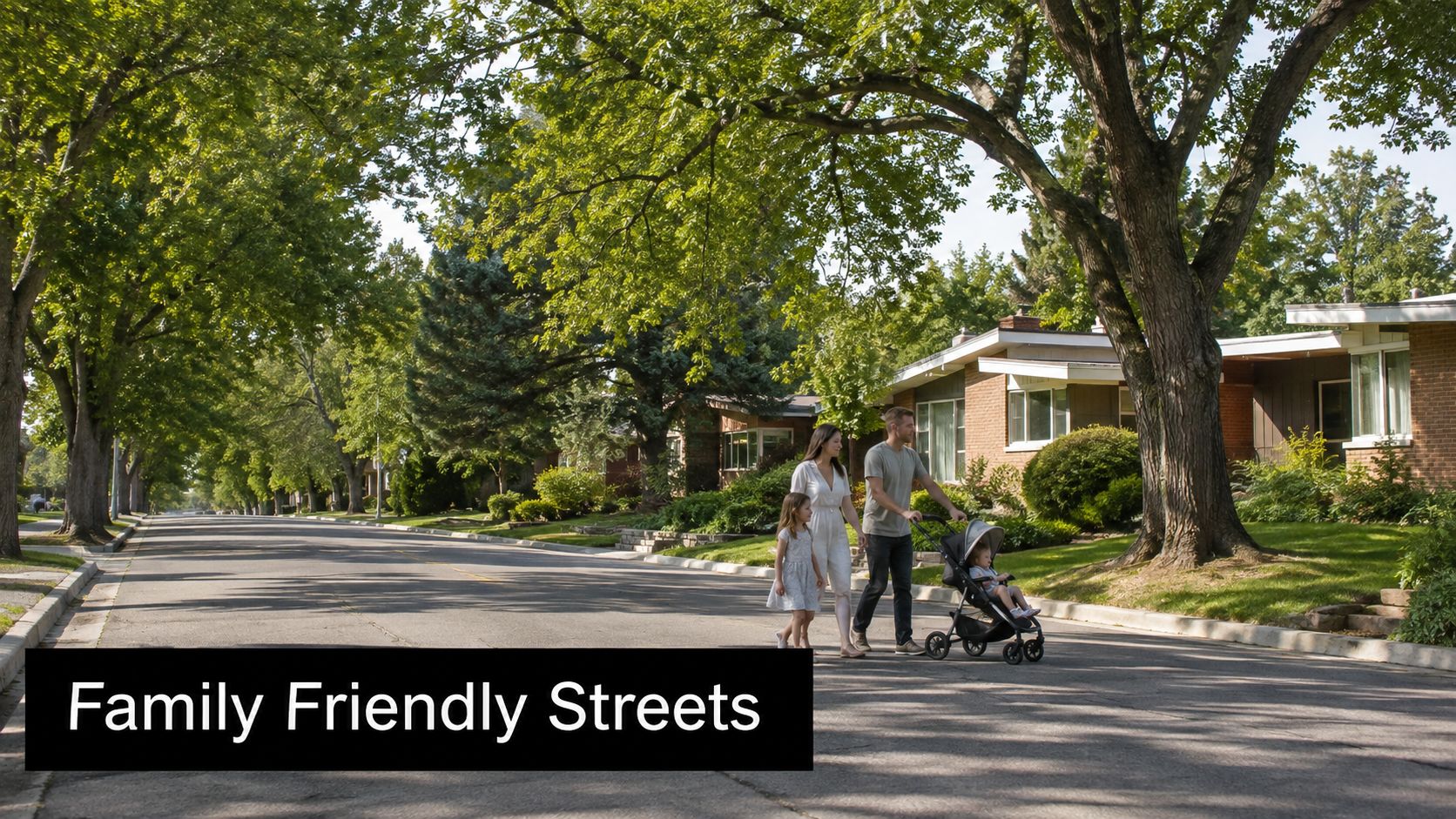 A happy family walking down a leafy, tree-lined residential street in a peaceful suburban neighborhood.
