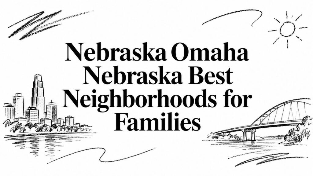 Hand-drawn cityscape sketches highlight Omaha, Nebraska’s best neighborhoods for families.