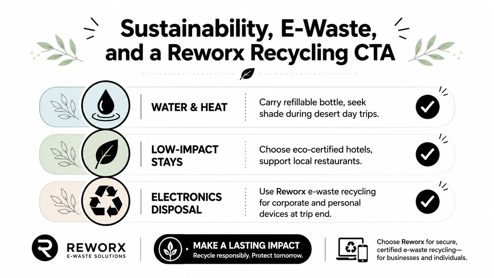 An infographic titled Sustainability, E-Waste, and a Reworx Recycling CTA illustrating eco-friendly travel tips and device disposal.
