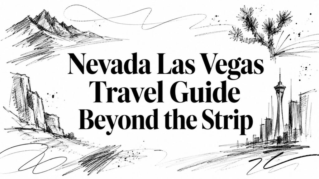 Nevada Las Vegas Travel Guide Beyond the Strip text appears with sketches of mountains, desert, and skyline.