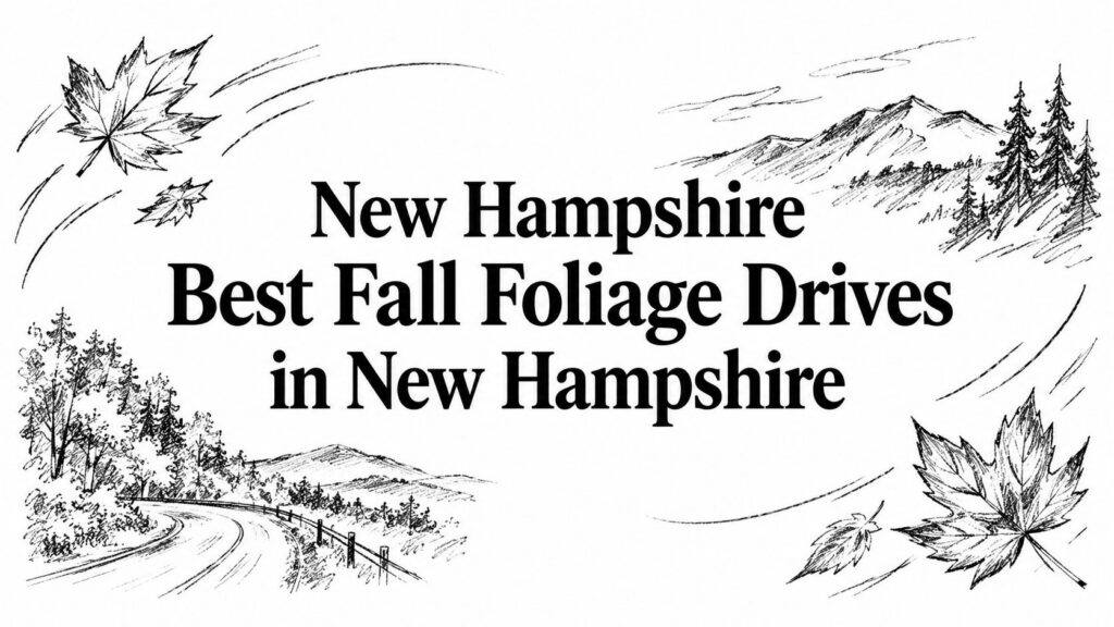 A sign reads “New Hampshire Best Fall Foliage Drives” with sketched leaves, trees, and mountains.