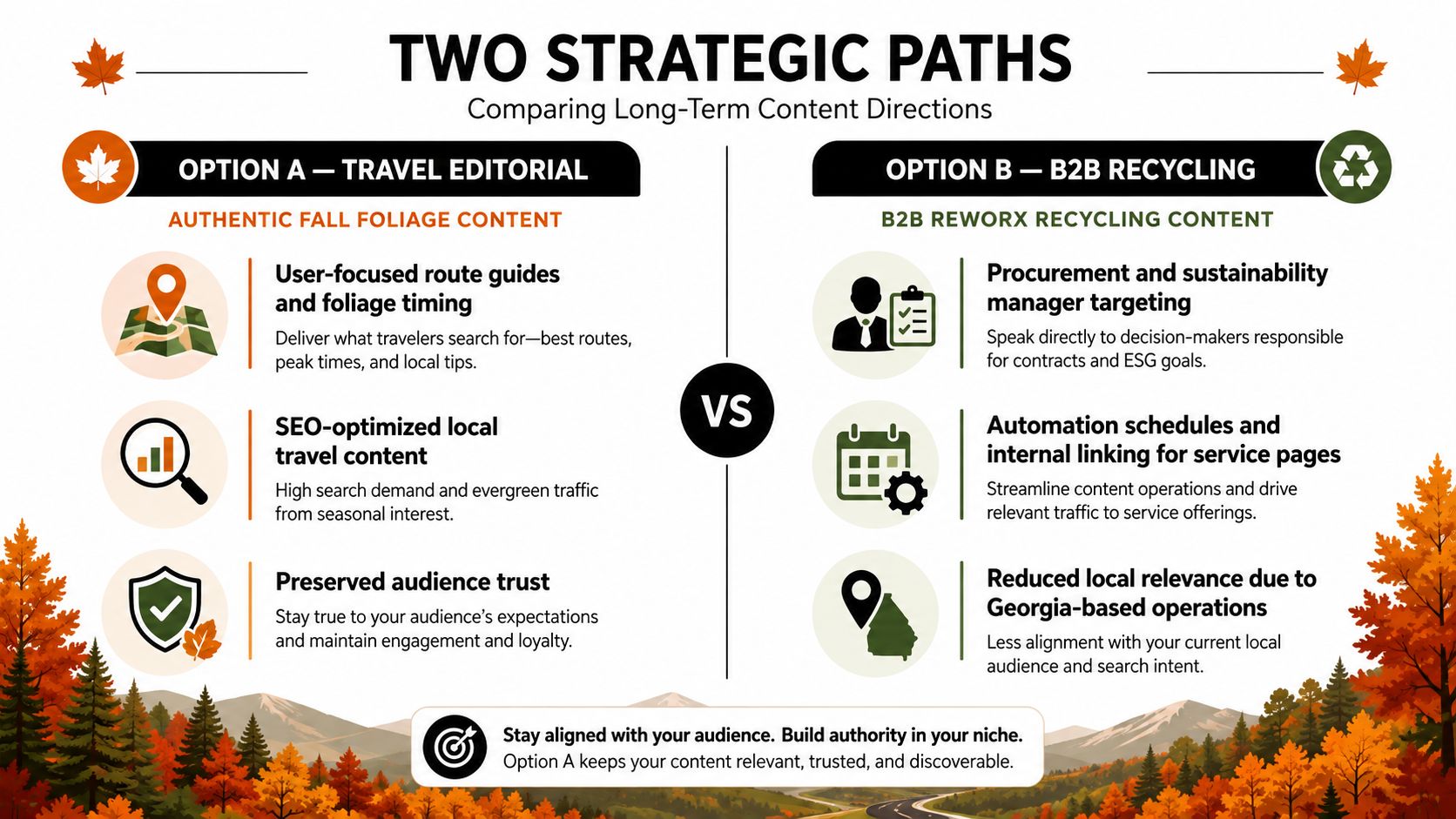 A strategic comparison chart between a travel editorial content path and a B2B recycling content strategy.