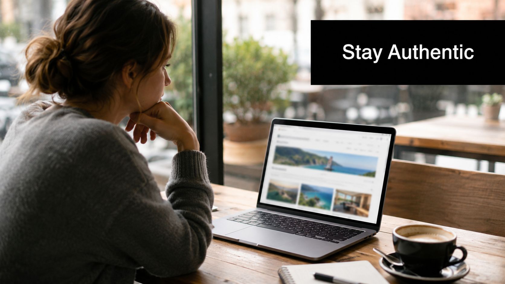 A woman with her hair in a bun thoughtfully gazes at a laptop screen in a cafe.