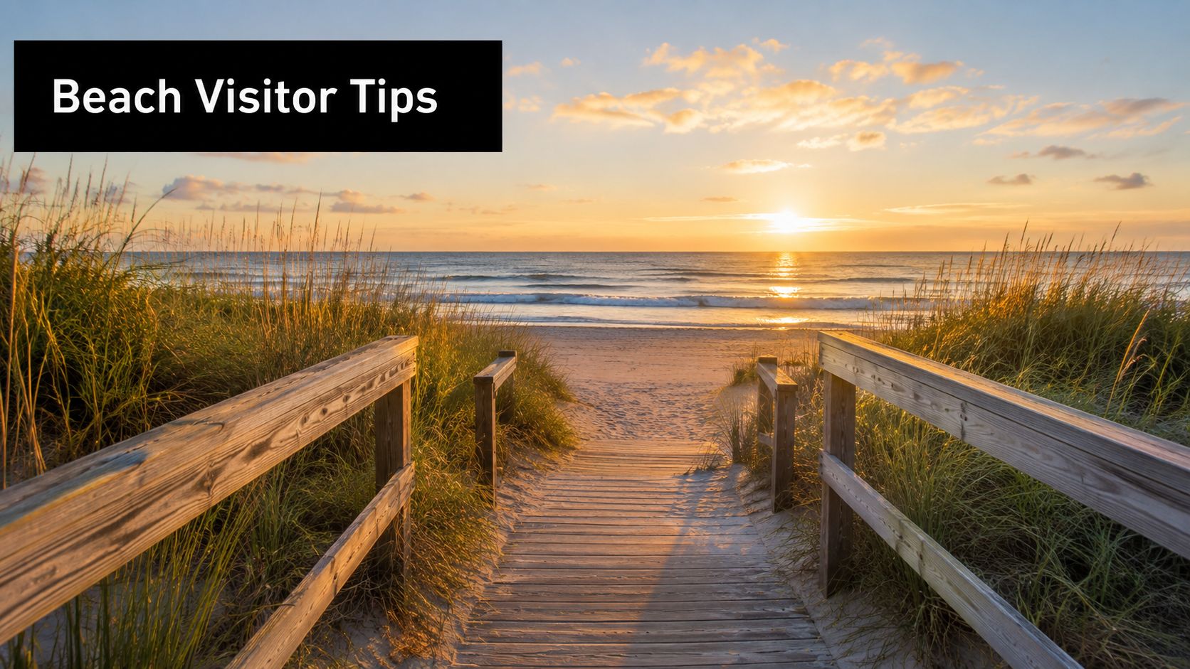 Wooden boardwalk leading through beach grass to a scenic ocean view during a beautiful sunset.