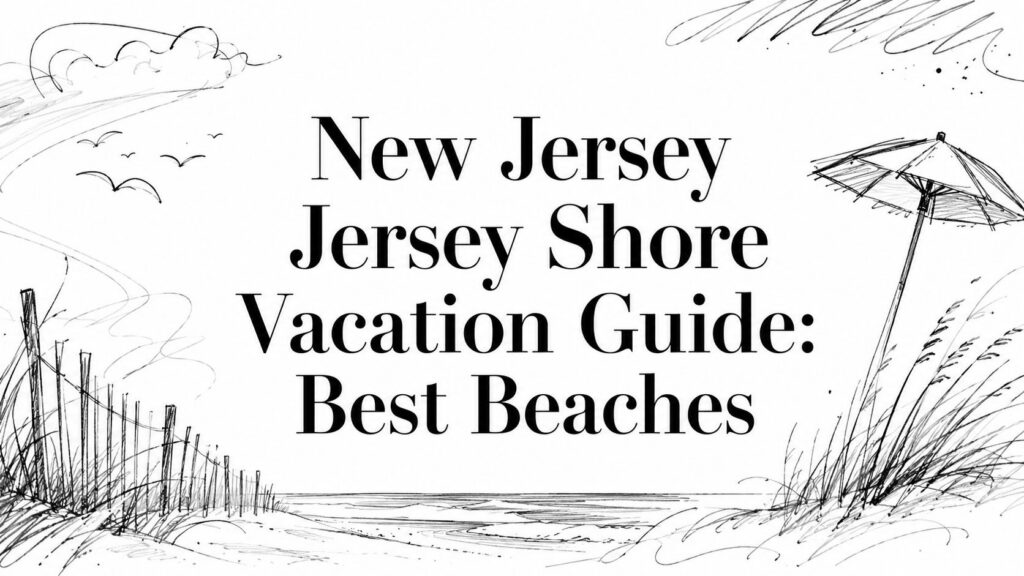 Sketch of a beach scene with the words New Jersey Jersey Shore Vacation Guide: Best Beaches on top.
