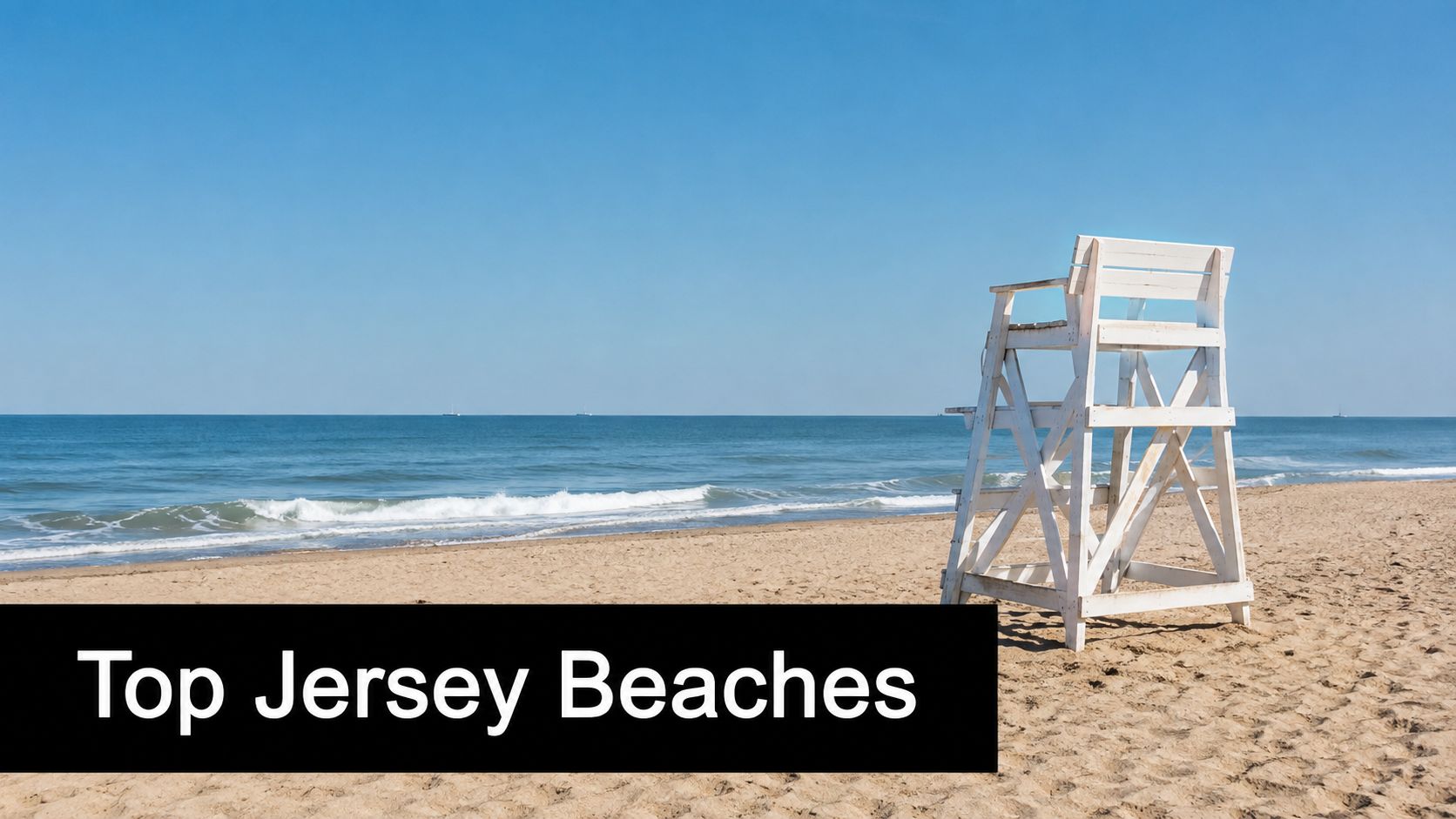A white lifeguard chair standing on a sandy beach under a clear blue sky by the ocean.