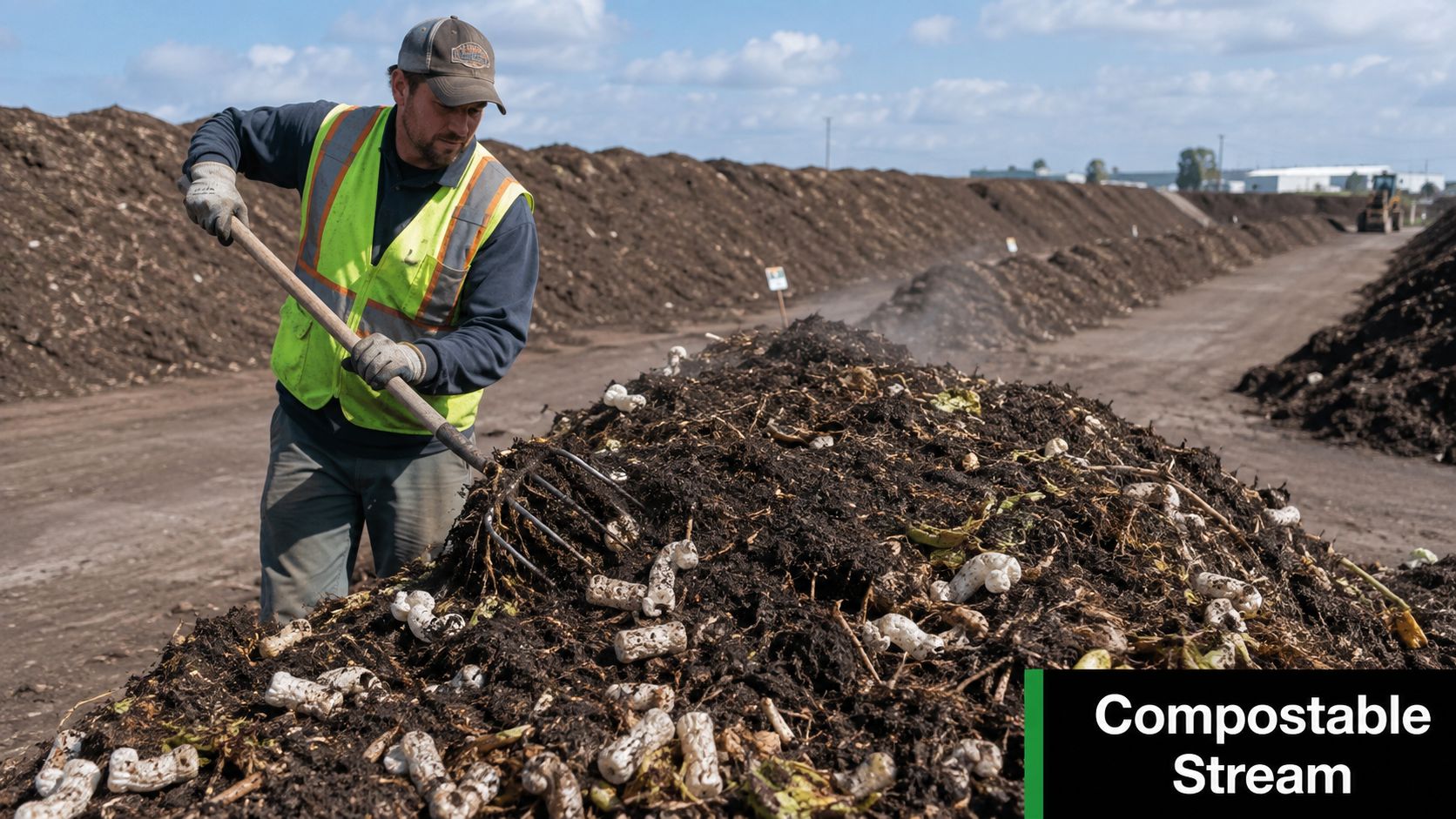 A worker using a pitchfork to sort through a large pile of compost containing packing peanuts.