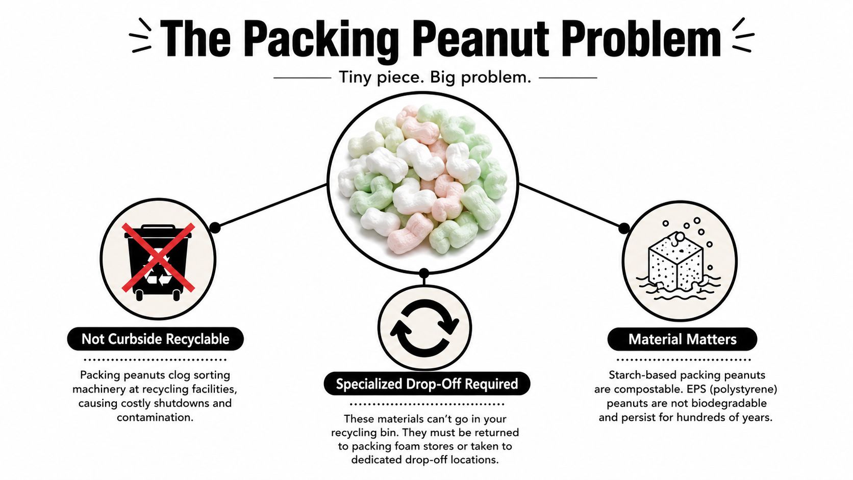An infographic explaining that packing peanuts are not curbside recyclable and require specialized drop-off locations for proper disposal.