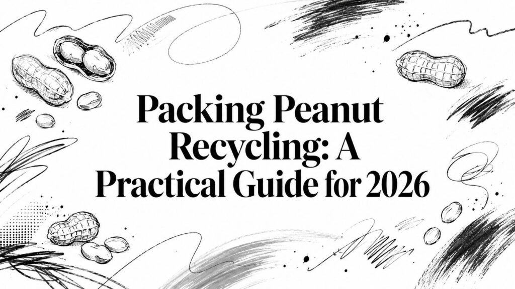 Title “Packing Peanut Recycling: A Practical Guide for 2026” with peanut and black doodle accents.