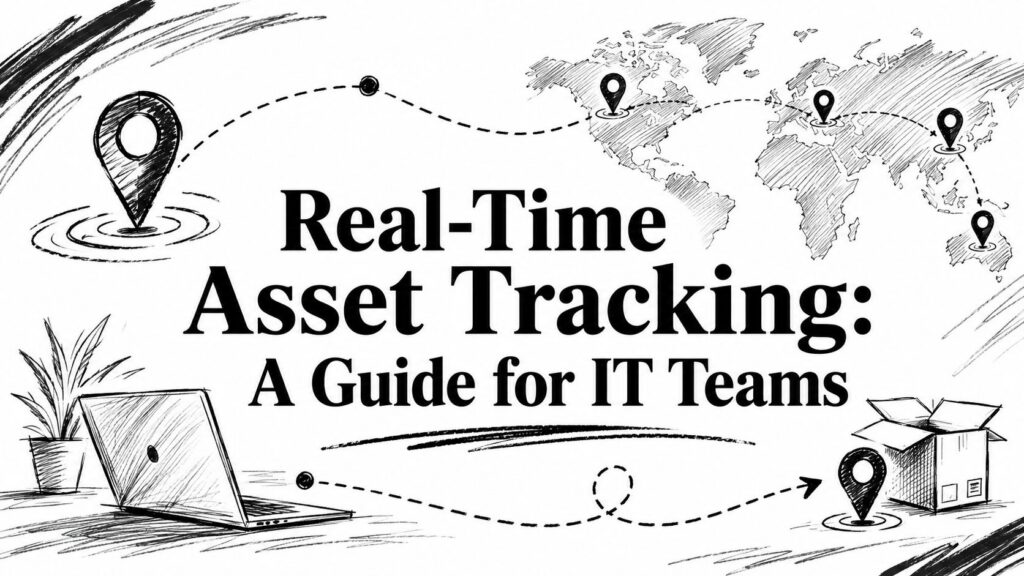 Hand-drawn maps and device icons illustrate real-time asset tracking for IT teams in this guide.