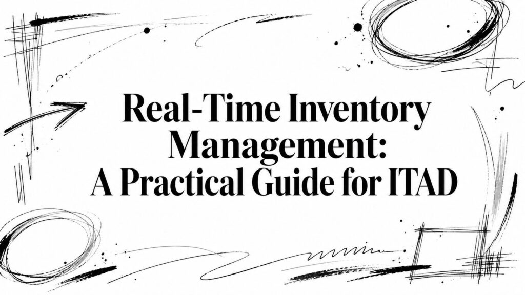 The guide “Real-Time Inventory Management for ITAD” appears against a white background with black doodles.