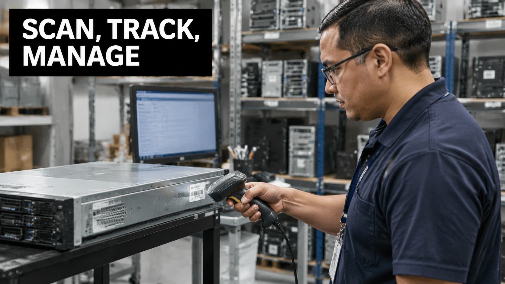 A technician scanning a barcode on a server rack during real-time inventory management in a warehouse.