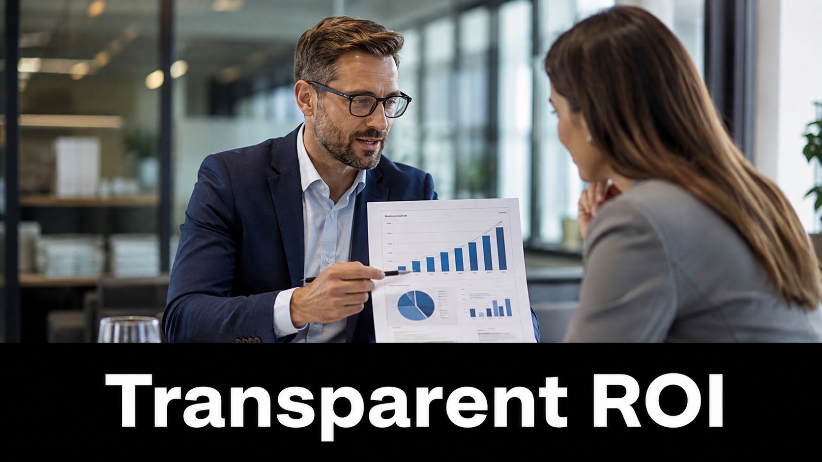 A professional business meeting where a consultant explains positive growth data on a chart to a client.