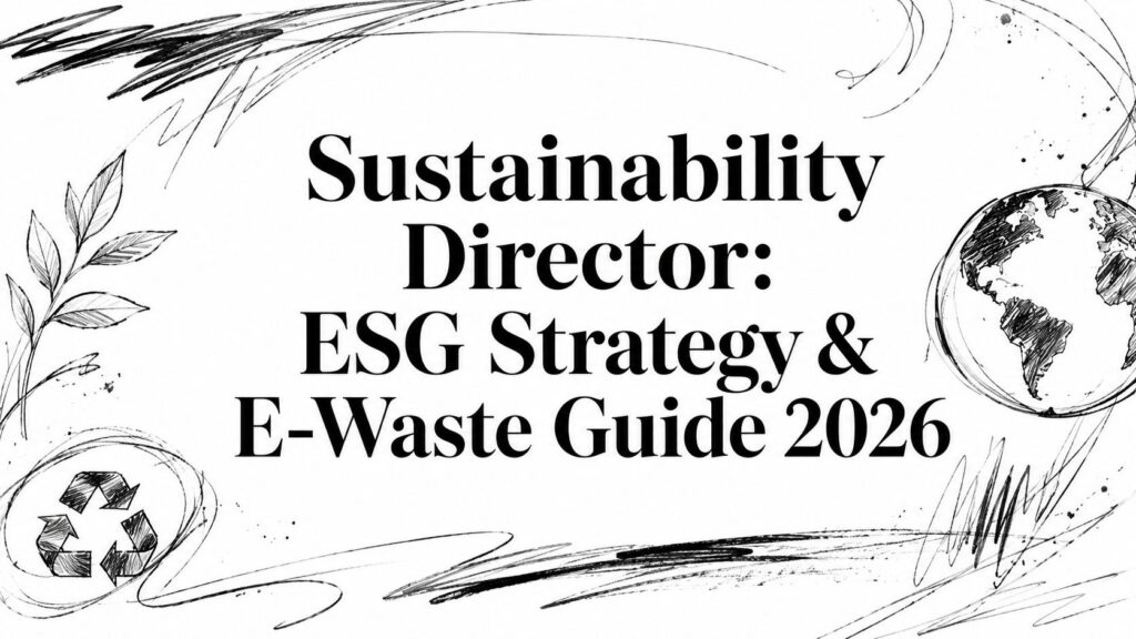 Sustainability Director: ESG Strategy & E-Waste Guide 2026 text with earth and recycling graphics.