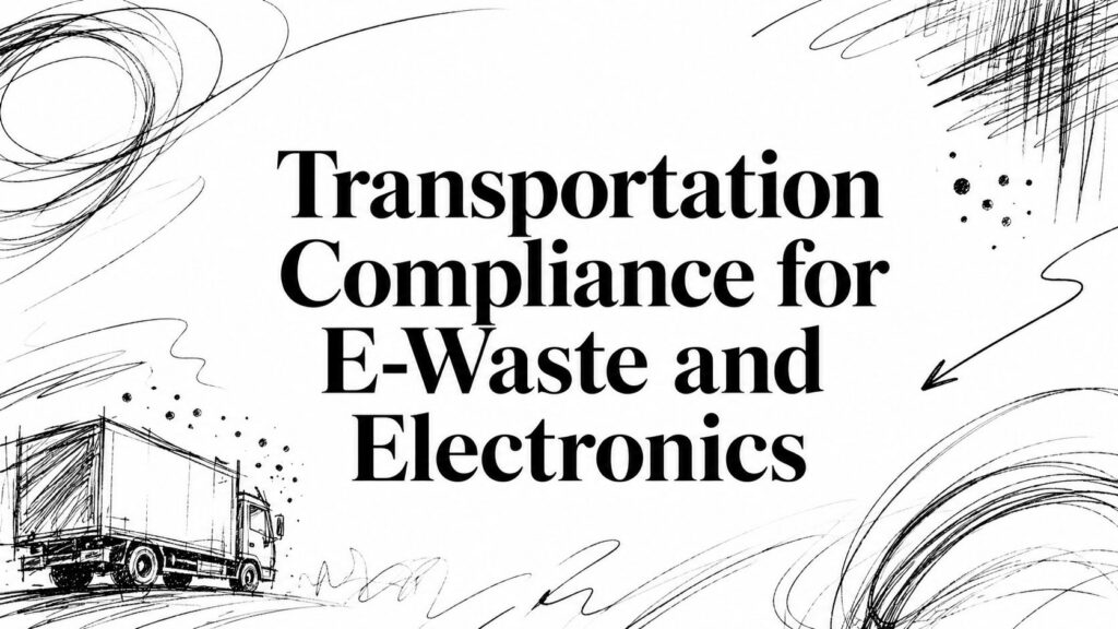 A sketched truck appears next to abstract shapes, highlighting transportation compliance for e-waste.