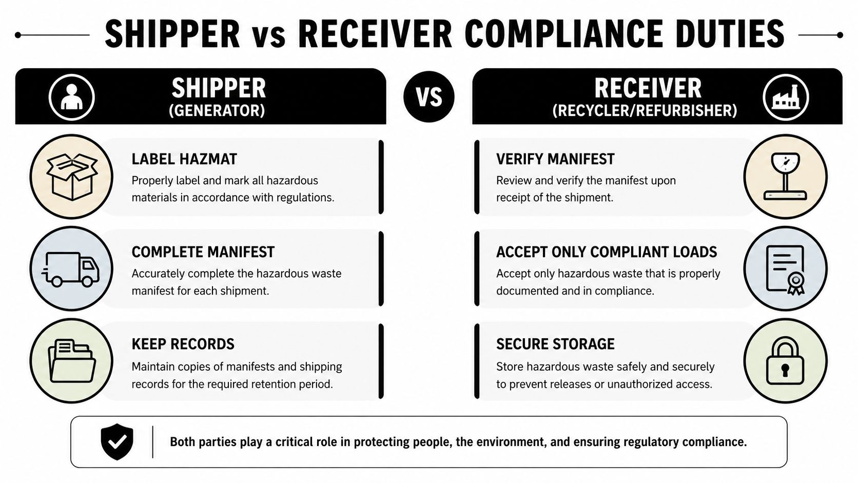 A diagram comparing the regulatory compliance responsibilities between hazardous waste shippers and receivers in the logistics process.