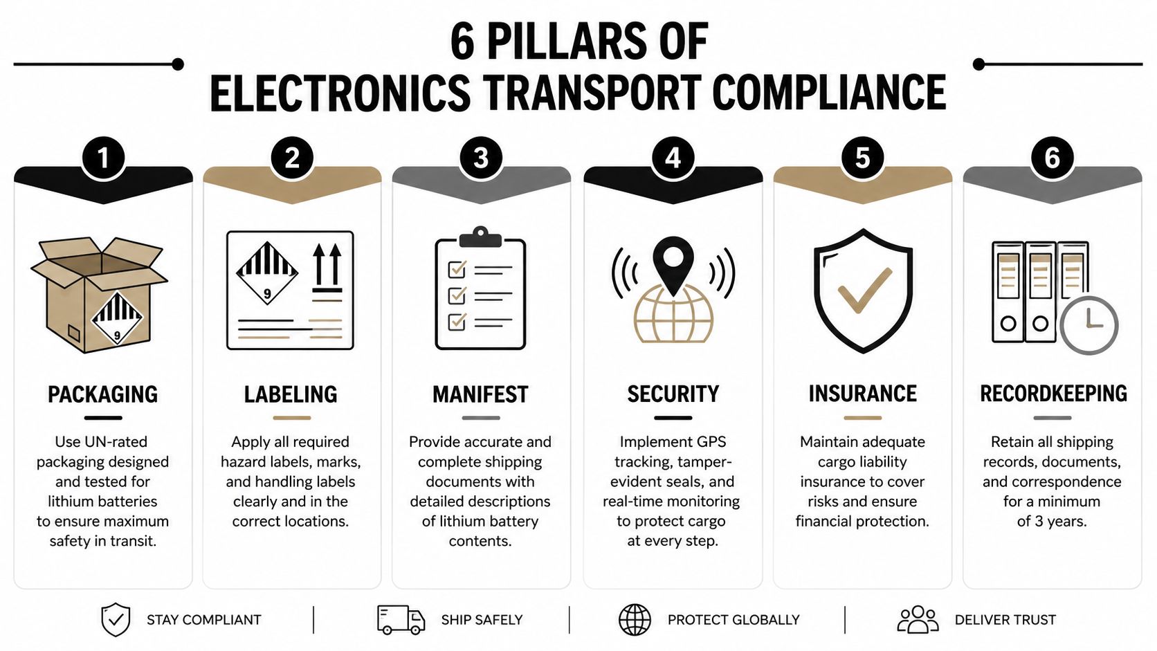 An infographic detailing the six essential pillars of electronics transport compliance for shipping lithium batteries safely.