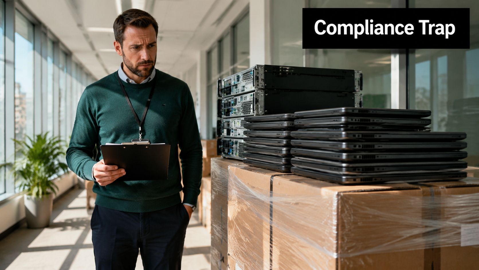 A professional man holding a clipboard, inspecting stacked server equipment and laptops on shipping pallets.