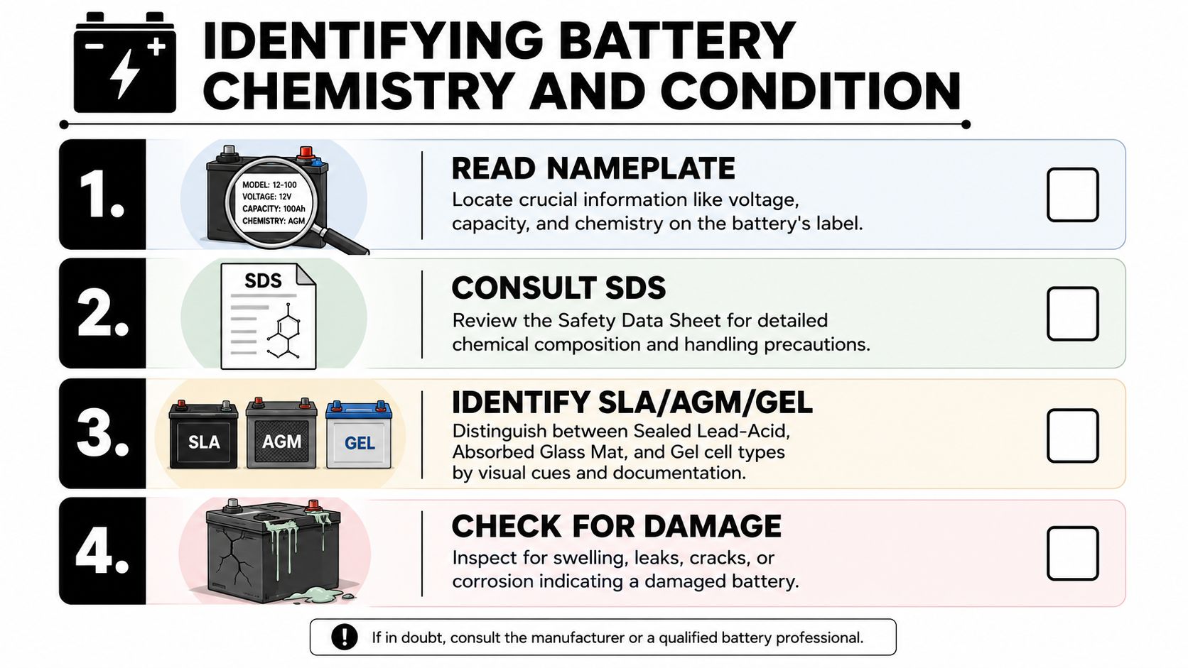 A four-step infographic guide on identifying battery chemistry and checking for damage in lead-acid batteries.