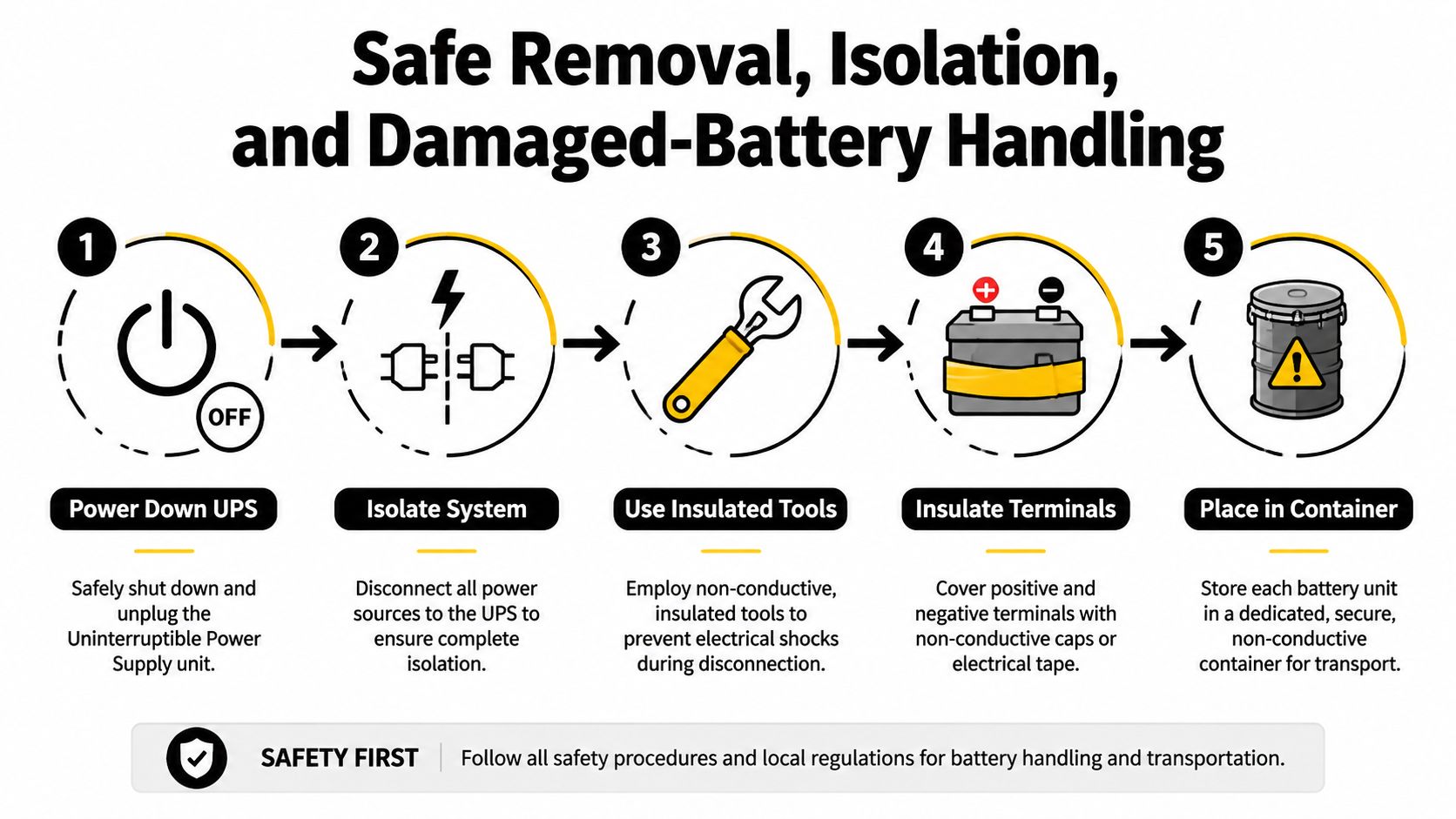 A five-step infographic showing the safety procedures for removing, isolating, and handling damaged UPS batteries.