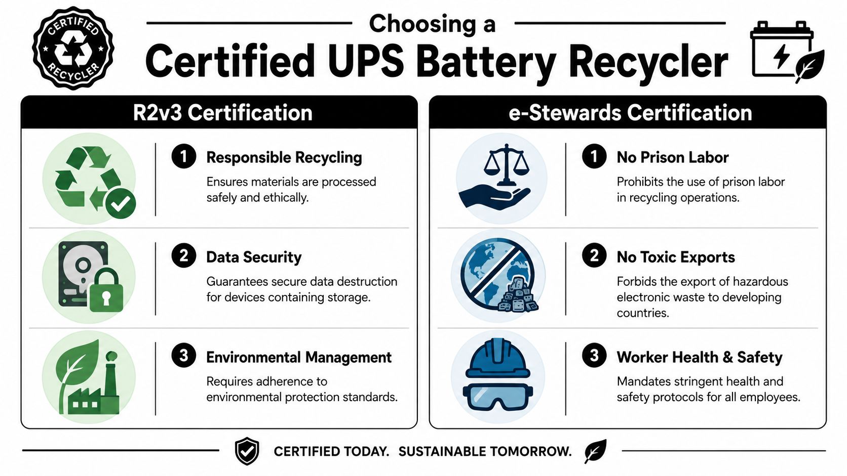 An infographic comparing R2v3 and e-Stewards certifications for choosing a certified UPS battery recycling provider.