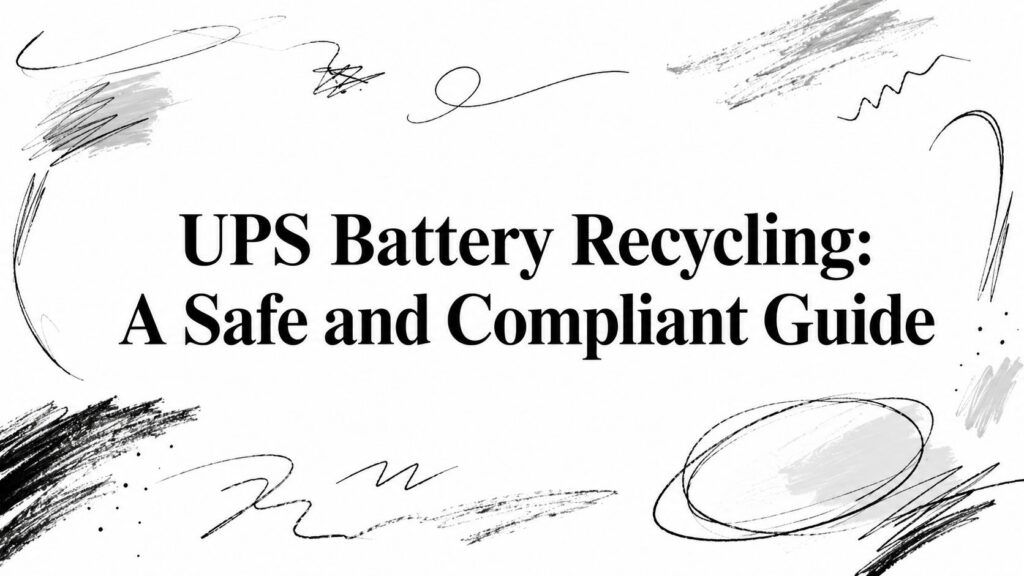 The text “UPS Battery Recycling: A Safe and Compliant Guide” is surrounded by abstract black and gray scribbles.