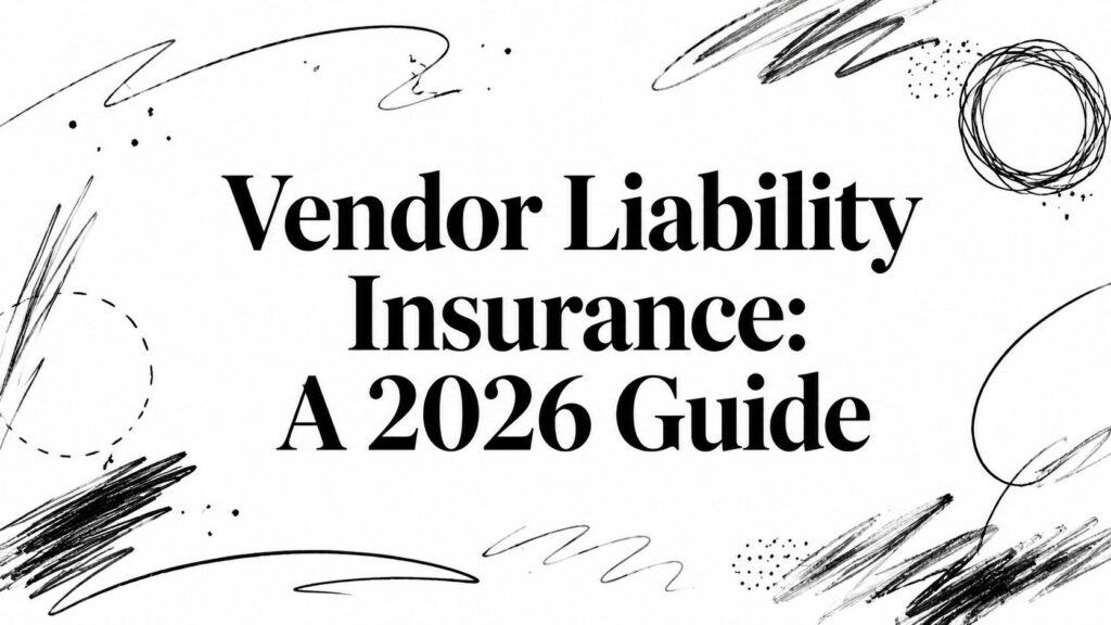 Black text reads “Vendor Liability Insurance: A 2026 Guide” with abstract black doodles on white.