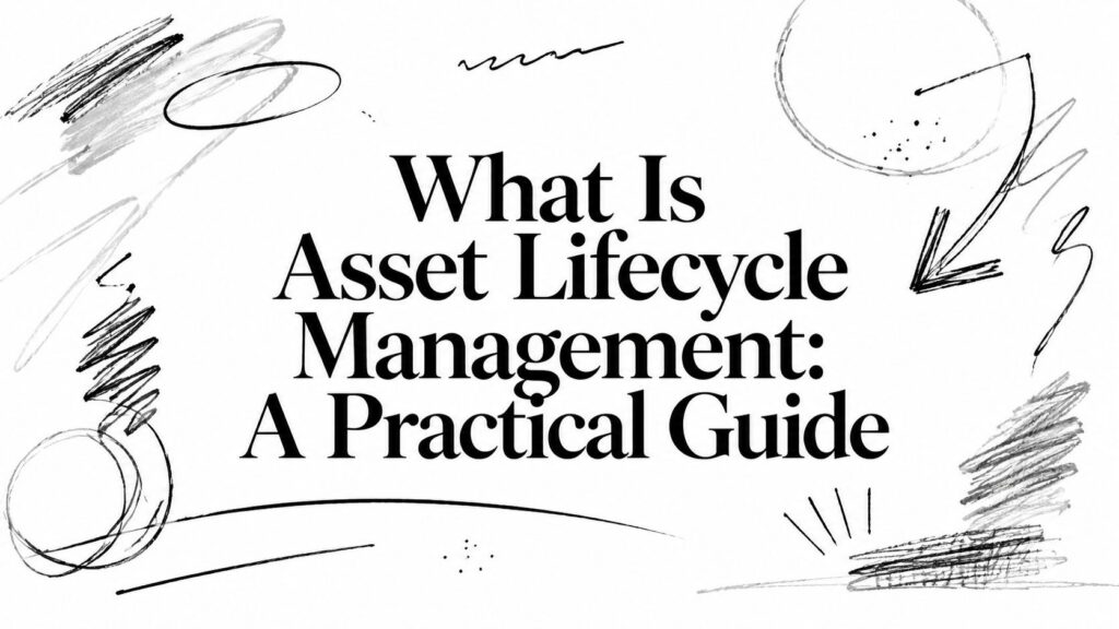 The image shows “What Is Asset Lifecycle Management: A Practical Guide” text with black sketch shapes.