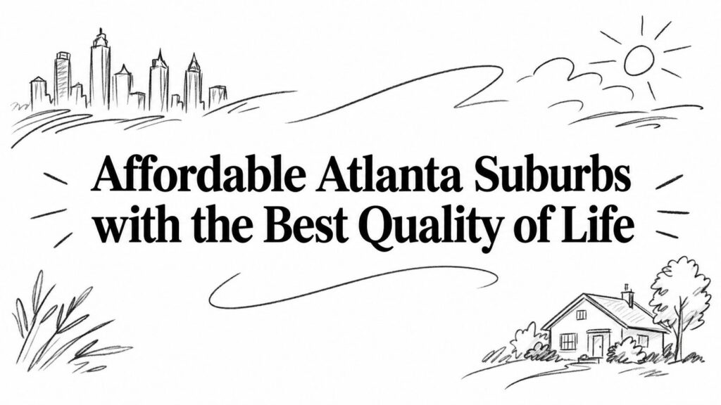 Black text says “Affordable Atlanta Suburbs with the Best Quality of Life” above city and suburb sketches.