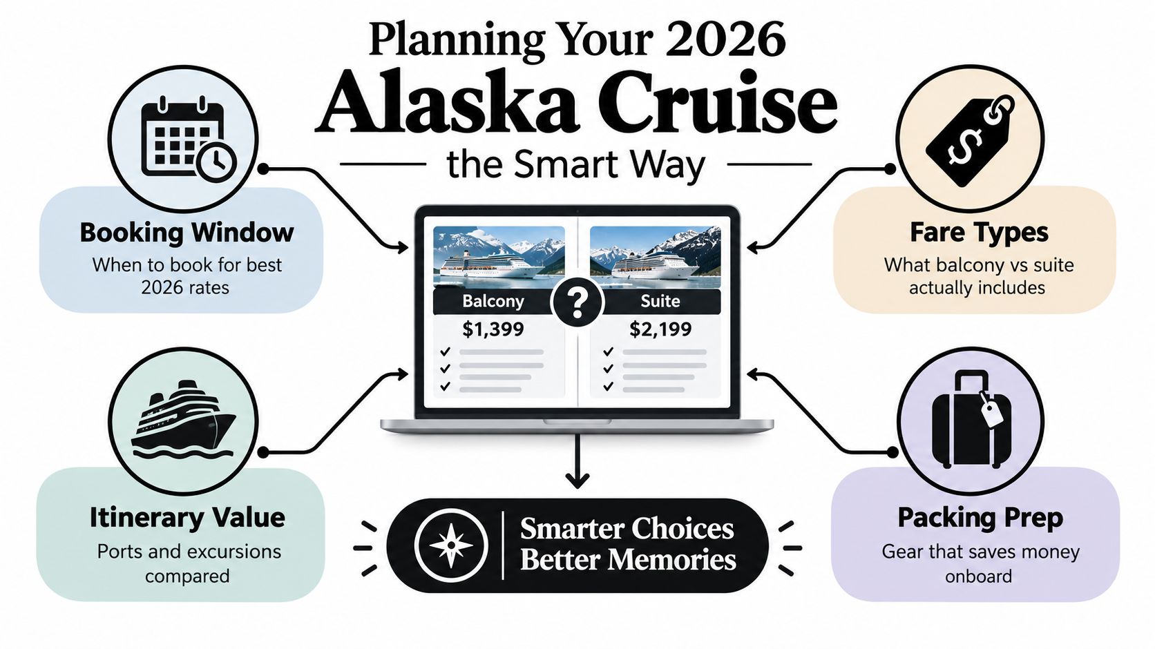 A visual guide for planning a 2026 Alaska cruise, highlighting booking windows, fare types, itineraries, and packing advice.