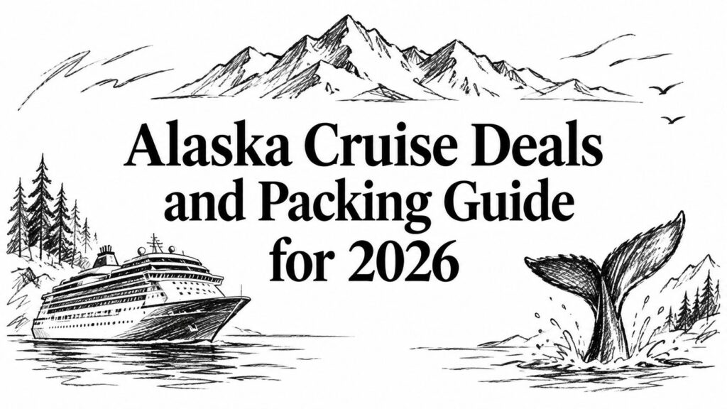A cruise ship sails near a whale tail, with Alaska mountains, trees, and text: Alaska Cruise Deals.