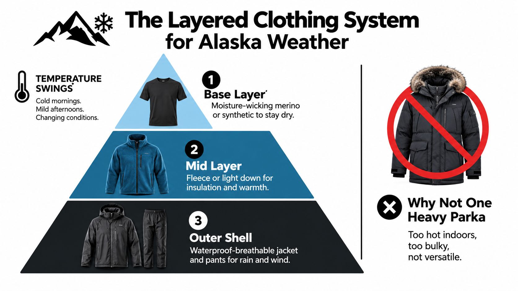 A diagram illustrating the three-layer clothing system for travel in varying Alaska weather conditions.