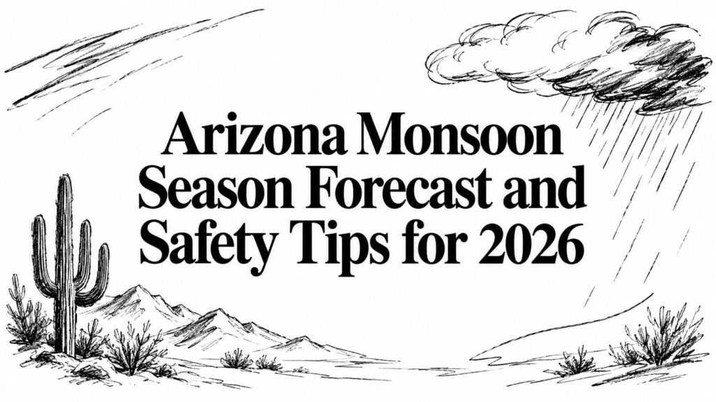Hand-drawn desert scene with cactus and raincloud, featuring text: Arizona Monsoon Season Forecast 2026.