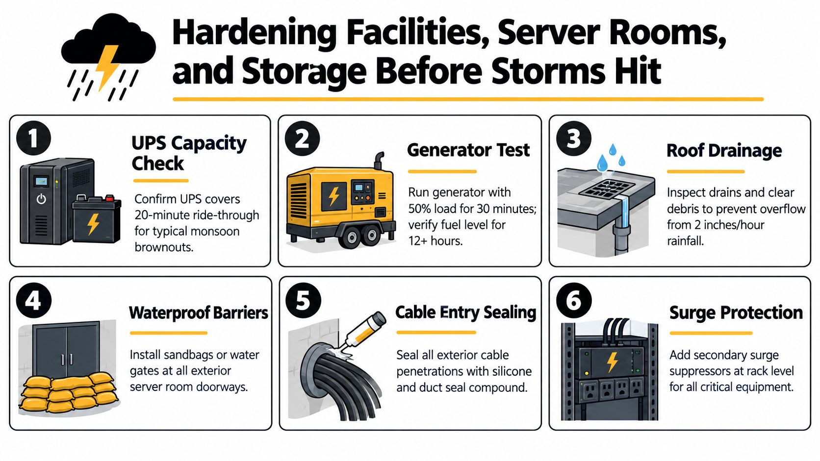 A six-step infographic on preparing server rooms and data facilities for storm and monsoon season damage.
