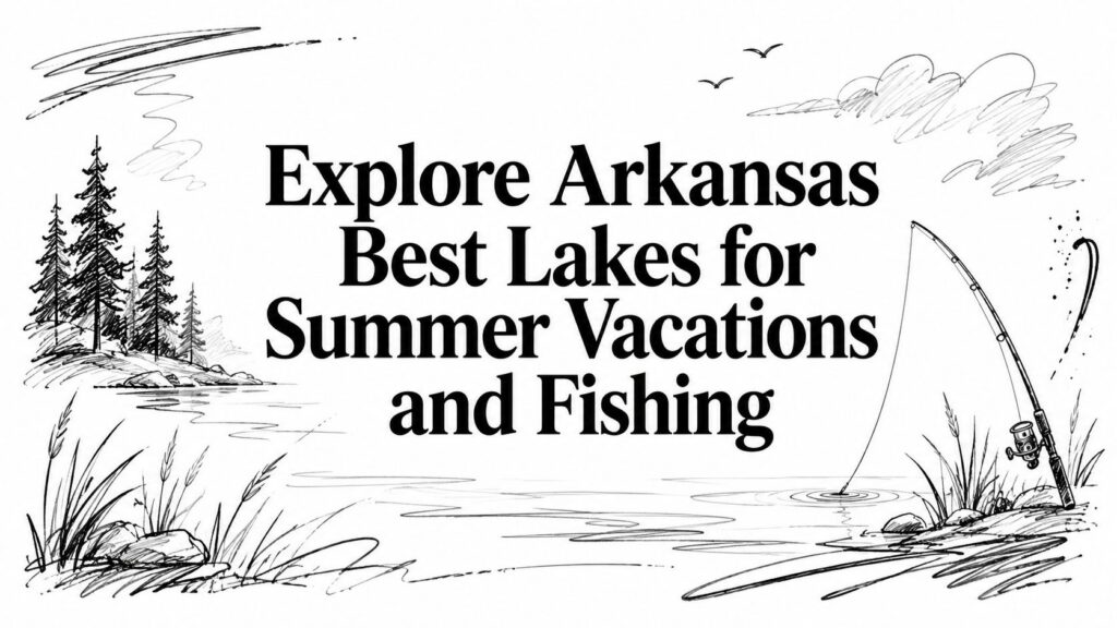 A fishing pole rests by a scenic Arkansas lake surrounded by trees, perfect for summer vacations and fishing.
