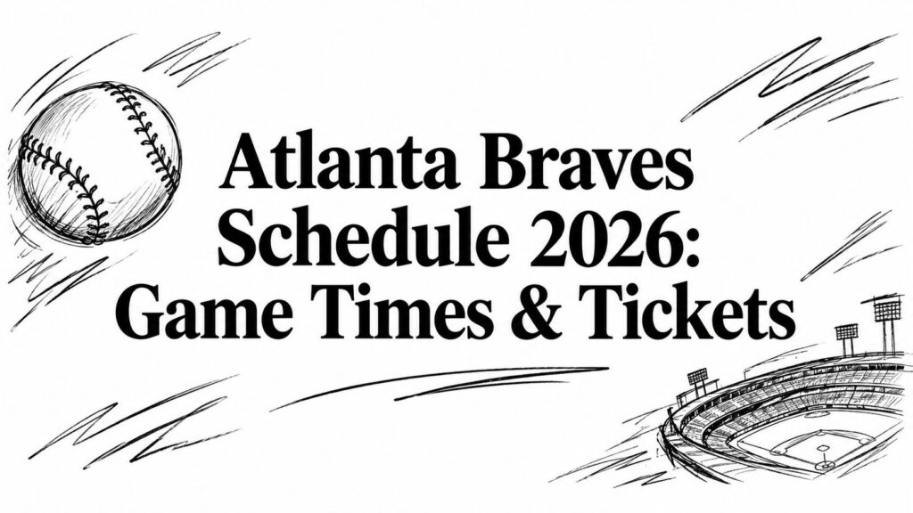 An illustrated baseball and stadium appear above the text “Atlanta Braves Schedule 2026: Game Times & Tickets.”